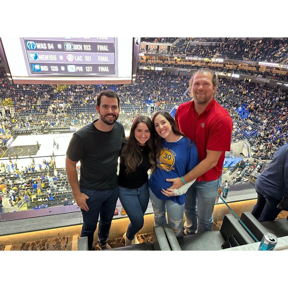 November 12, 2023 - We go to Sarah's first Warriors game with Noy and Tom (and little baby Maya!)