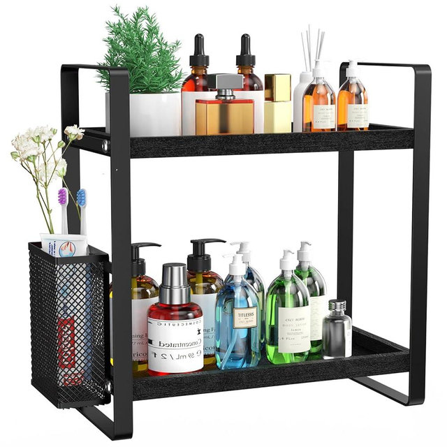 LEMIKKLE Bathroom Organizer Countertop, Makeup Skincare Perfume Organizer Counter Organizer Wood Shelf Tray for Vanity, Storage and Organization for Dresser, Vanity, Countertop (Black)