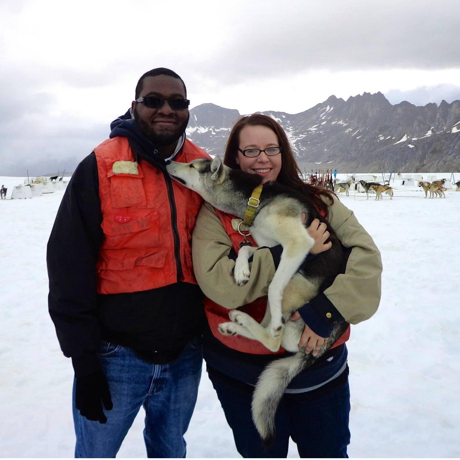 June 2014 - Us on a glacier, with a real Iditarod sled dog in Alaska!