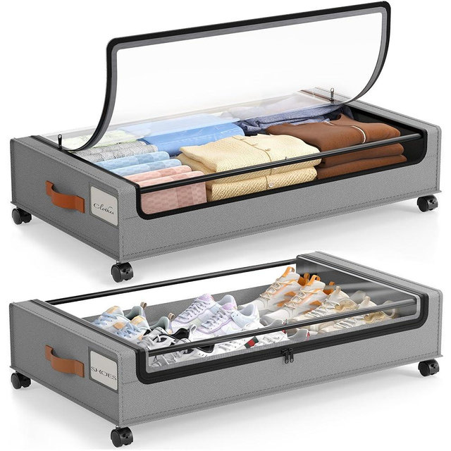 LAMU Under Bed Storage with Wheels, 2 Pack Under Bed Storage Containers with Clear Lid, XXL 60L Underbed Storage Bins, Rolling Under Bed Metal Drawers for Clothes, Blankets, Shoes, Grey