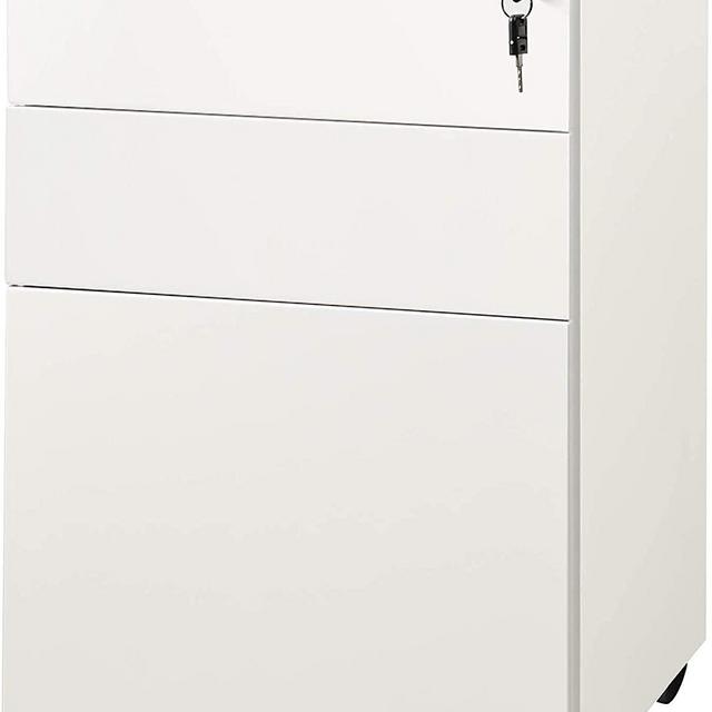 DEVAISE Locking File Cabinet, 3 Drawer Rolling Pedestal Under Desk, Fully Assembled Except Casters, White