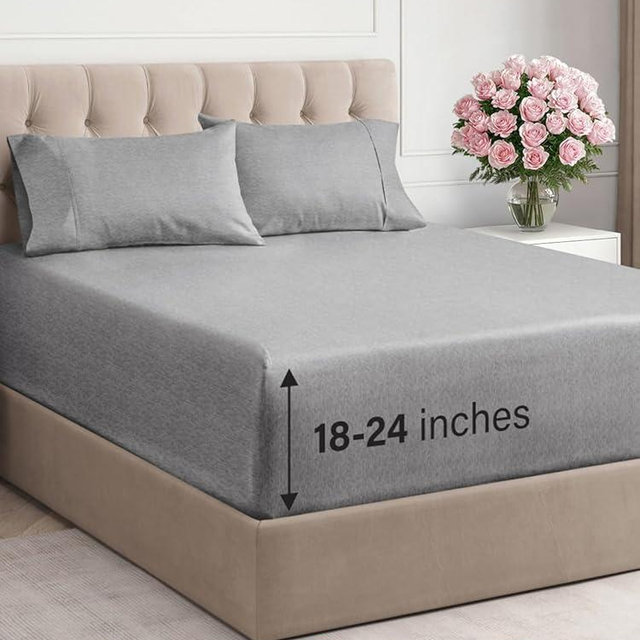 Extra Deep Pocket Queen Sheet Set - 4 Piece Breathable & Cooling Bed Sheets - Hotel Luxury Sheet Set - Ultra Soft, Wrinkle Free & Comfy - Fits Extra Deep Mattresses - Deep Pocket Heathered Grey Sheets