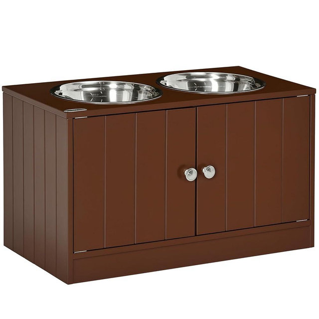 PawHut Large Elevated Dog Bowls with Storage Cabinet - 44L Capacity, Raised Dog Bowl Stand Feeding Station, Brown