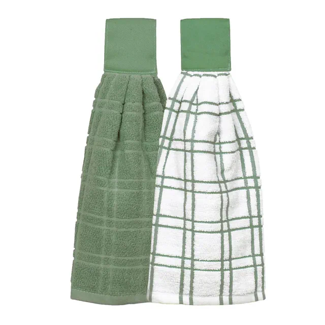John Ritzenthaler Co. Solid and Multi Check Kitchen Tie Towel Set of Two Juniper