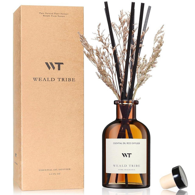 WEALD TRIBE Flower Reed Diffuser Set Vanilla Cinnamon Scent for Bathroom Air Fresheners | 4.0 fl oz Essential Oils with Sticks Home Fragrance Defusers | House Bedroom Office Shelf Decor & Gift