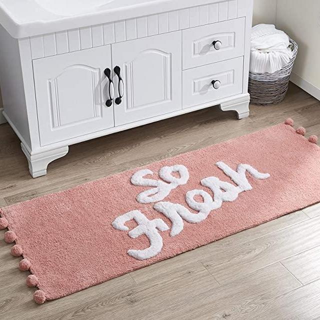 VCNY Home Fresh Collection Bath Rug Runner-Boho Fringe Striped Design-for Bathroom, Hallway, or Kitchen Use, 24" x 60", Blush