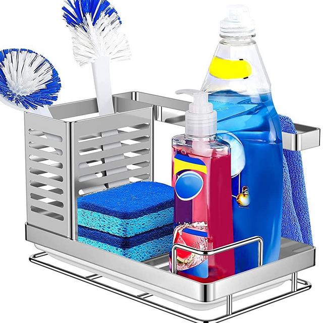 Sink Caddy Organizer, Sponge Holder for Kitchen Sink, Multifunctional Sink Caddy Sponge Soap Brush Dishcloth Storage, 304 Stainless Steel Kitchen Sink Organizer with Safety Bar & Removable Drain Pan
