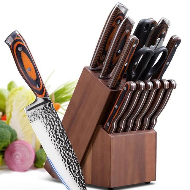 Knife Set, 15 Piece Kitchen Knife Set with Block, High Carbon Stainless Steel Sharp Cooking Knife Set with Sharpener, Dishwasher Safe Knife Sets with Triple Rivet Wooden Handle