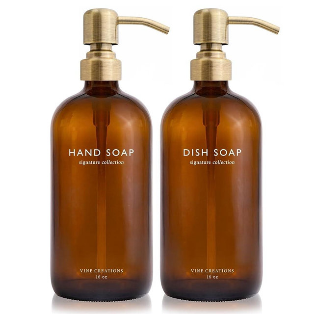Vine Creations Amber Glass Soap Dispenser Set, Dish Soap and Hand Soap Dispenser Set with Stainless Steel Pump, 16 oz Glass Dispensers for Kitchen or Bathroom Decor (Amber Bottle/Brushed Brass Pump)