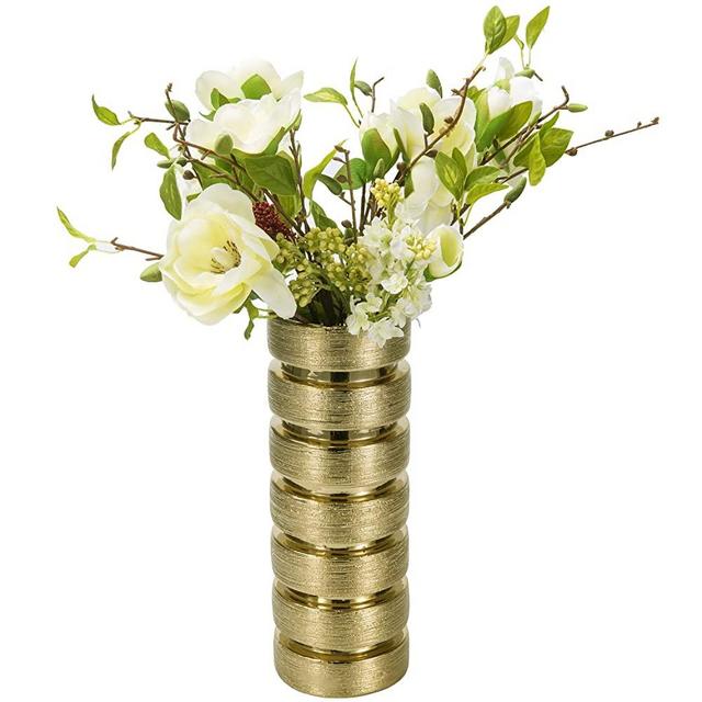 MyGift 12.5 Inch Tall Modern Gold Tone Design Ceramic Flower Vase Tabletop Floral Arrangement Plant Display Home Decor Centerpiece
