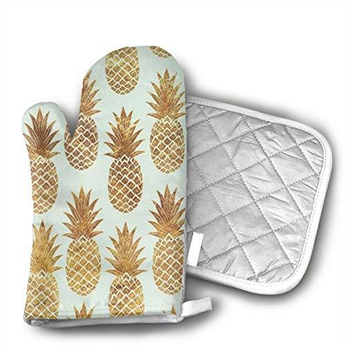 Gold Pineapple Pattern Oven Mitts and Potholders (2-Piece Sets) - Kitchen Set with Cotton Heat Resistant,Oven Gloves for BBQ Cooking Baking Grilling