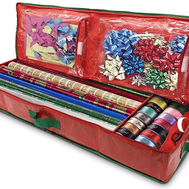Christmas Gift Wrap Storage Organizer - Easily organize your Xmas Wrapping Paper, Ribbons, Bows and Scissors. Keeps Holiday Gift Supplies in Perfect Condition Year Round and Ready for the Next Season.