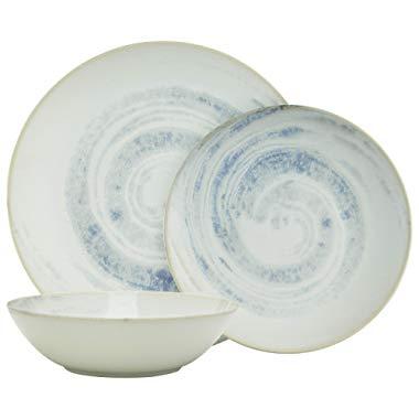 Rivet 18-Piece Stoneware Plates and Bowls Dinnerware Set, Service for 6, Indigo Swirl Glaze