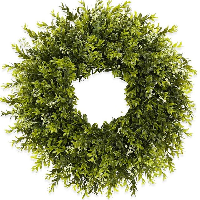 28'' Large Boxwood Wreath for Front Door Porch Window Artificial Boxwood Leaves with White Seed Greenery Outdoor Indoor Wreath for Home Farmhouse Wall Decor Spring Summer Fall All Seasons (Green)