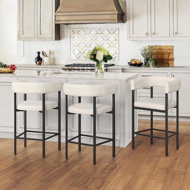 LUE BONA Barrel Bar Stools Set of 3, 26'' Modern Barstools with Arms & Metal Frame, Chenille Counter Height Bar Stools, Upholstered Barstool with Curved Backrest for Kitchen, Beige