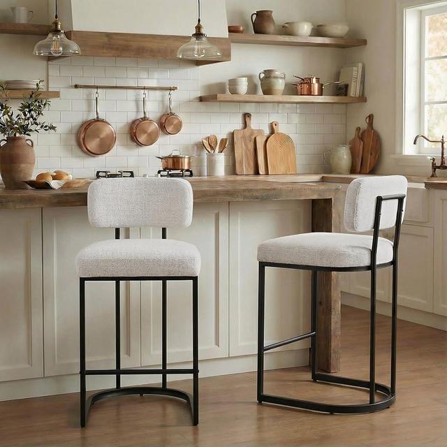 26" H Counter Height Bar Stools Set of 2, Modern Linen Fabric Upholstered Barstools with Backrest for Kitchen Island, Black Metal Frames, Wheat