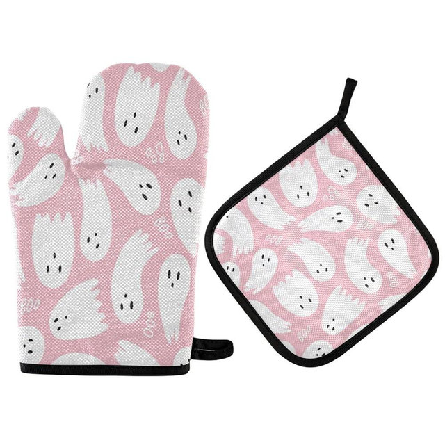 QUGRL Cute Halloween Ghost Oven Mitts and Pot Holders Set Boo Pink Kitchen Oven Gloves Hot Pads Heat Resistant Handling Cooking Cookware Bakeware BBQ