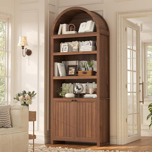 81" Tall Arched Cabinets,Bookcase with storage,Mid-Century Modern 6-Tier Bookshelf with Door,2 Book Risers and Adjustable Shelves offering more storage space for Living Room,Kitchen,Home Office,Brown