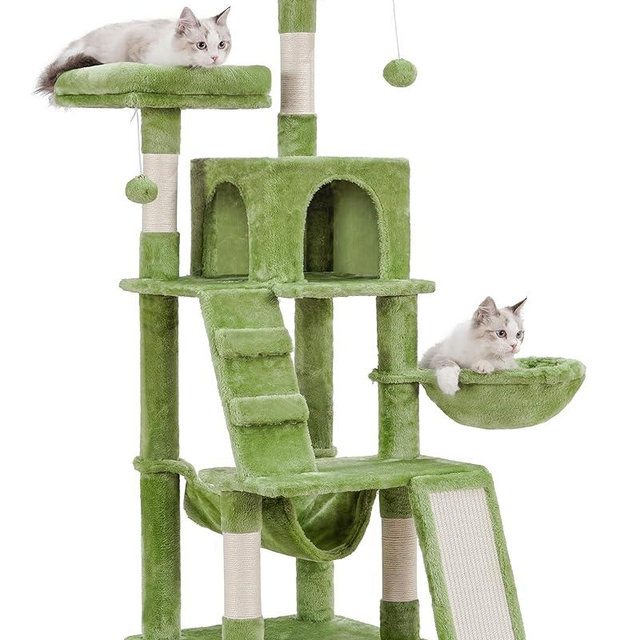 Heybly Cat Tree, Cat Tower for Indoor Cats,Multi-Level Cat Furniture Condo for Cats with Padded Plush Perch, Cozy Basket and Scratching Board Smoky Green HCT014GR