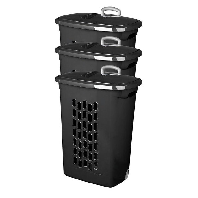 Sterilite 3-Pack Ultra Laundry Hamper with Lid and Wheels, Plastic Clothes Basket, Black - Dirty Clothing Storage Organizer with Handles for Bedroom, Bathroom, and Closet