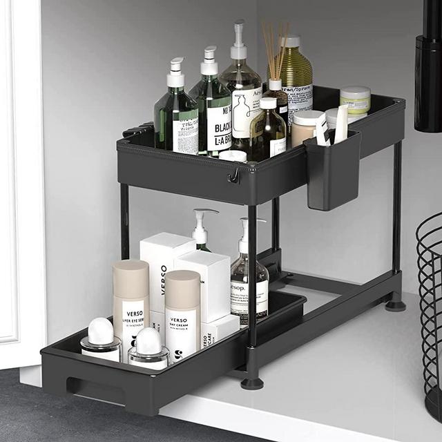 SAKA Under Sliding Cabinet Basket Organizer, 2 Tier Storage Under Cabinet Bathroom Under Sink Organizers and Storage Black Under Sink Storage for Bathroom Kitchen