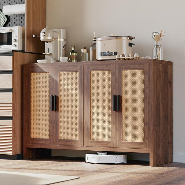 Mericonia Rattan Buffet Cabinet with Storage, Sideboard Cabinet with Doors and Adjustable Shelves, Farmhouse Coffee Bar Station Table, Modern Wood Cupboard for Kitchen, Livingroom, Walnut