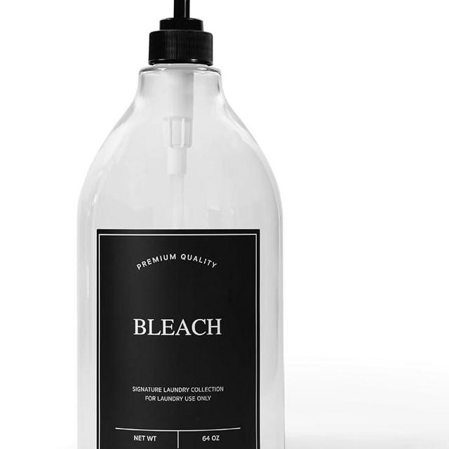 Calindiana Modern Farmhouse Bleach Liquid Laundry Detergent Dispenser for Laundry Room Decor and Organization, PET Plastic Landry Soap Containers with Water Resistant Label, Clear 64oz