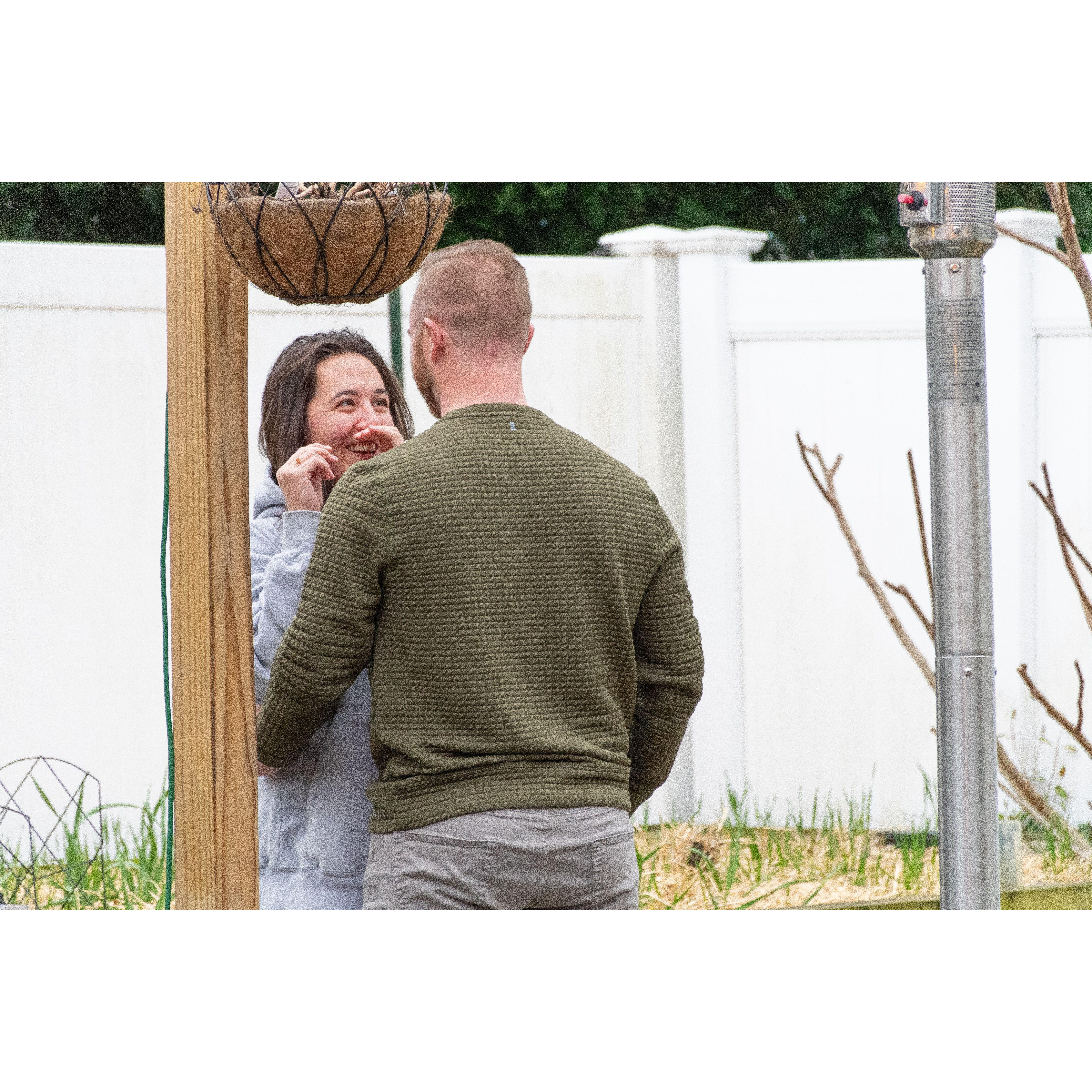Asking who else knew about the proposal. When asked if Robert knew, Taylor stepped aside and pointed to the side wall of the house where a camera lens was peeking out.