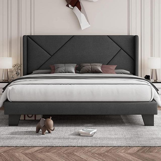 Feonase King Platform Bed Frame with Wingback Headboard, Geometric Upholstered Heavy Duty Bed Frame with Solid Wood Slats, No Box Spring Needed, Easy Assembly, Noise-Free, Dark Gray