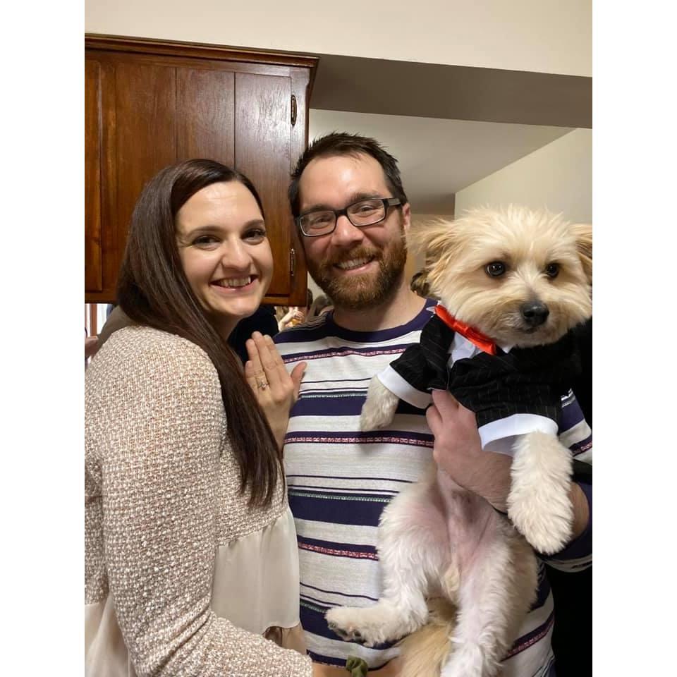Engaged! Future bride, future groom, and the dog of honor.