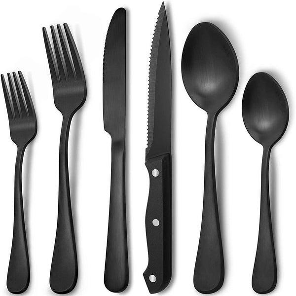 48-Piece Matte Black Silverware Set for 8 by Hiware, Stainless Steel Flatware Set with Steak Knives - Black - Service for 8