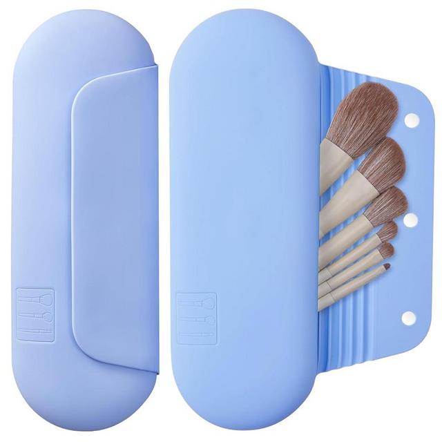 AGIKET Silicone Makeup Brush Holder Travel Cosmetic Bag：Soft Portable Cosmetic Face Brushes Holder with Upgrade Anti-Fall Out Magnetic Closure, Large Travel Makeup Brush Case - Blue