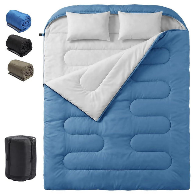 NEWBULIG Double Sleeping Bag for Adults with 2 Pillows, XL Waterproof Lightweight Machine Washable, 3-Season for Camping Hiking Backpacking, 2-in-1 Converts to 2 Singles