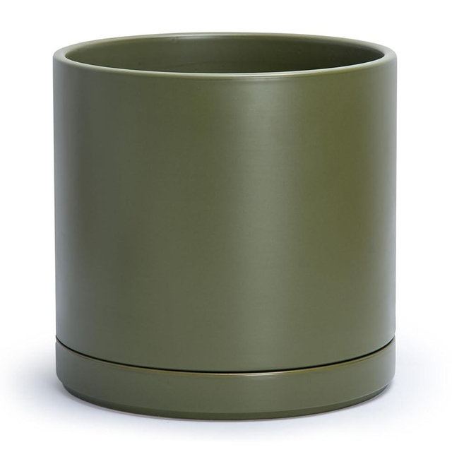 D'vine Dev 12 Inch Ceramic Planter Pot with Drainage Hole and Saucer, Indoor Cylinder Round Planter Pot, Olive, 94-O-F-J