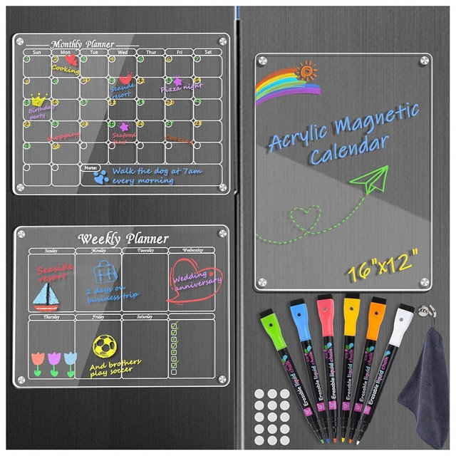 3 Pack Acrylic Magnetic Calendar for Fridge, Magnetic Calendar Dry Erase Board for Refrigerator with 6 Markers, Clear Planning Whiteboard Notepad for Kitchen Home, Monthly Weekly Fridge Calendar