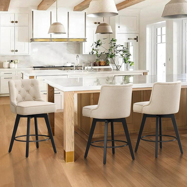 Cozyman 26" Swivel Counter Height Bar Stools of 3, Modern Bar Stools with Back and Metal Round Footrest, Solid Wood Legs, Linen Fabric Upholstered Barstools for Kitchen Island, Linen Color