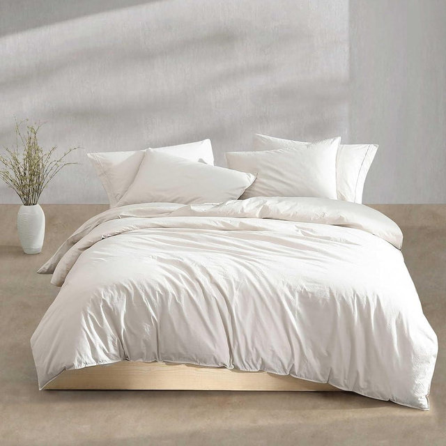 Calvin Klein - King Comforter Set, Washed Cotton Percale Bedding, Luxuriously Soft Home Decor (Washed Percale Light Beige, King)