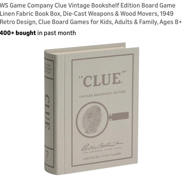 WS Game Company Clue Vintage Bookshelf Edition Board Game Linen Fabric Book Box, Die-Cast Weapons & Wood Movers, 1949 Retro Design, Clue Board Games for Kids, Adults & Family, Ages 8+