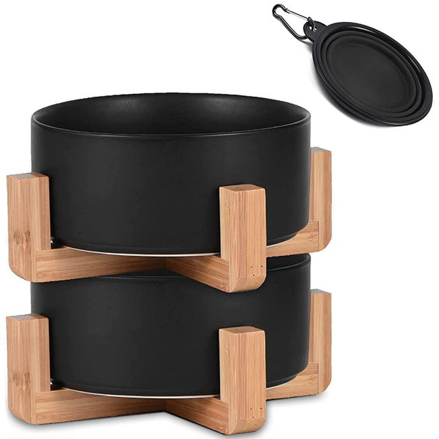 Petygooing 28 OZ Black Medium Ceramic Dog Cat Bowl Dishes with Stand for Food and Water ,Modern Cute Heavy Pet Bowls Set of 2 for Cats Small Dog (1.7 Cups) & Medium Dogs (3.6 Cups)