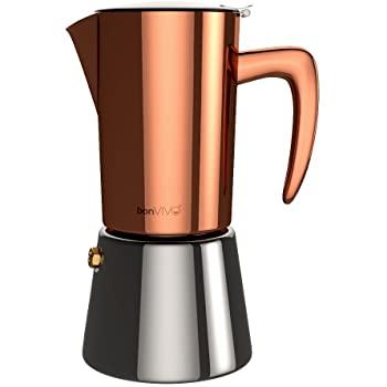 bonVIVO Intenca Stovetop Espresso Maker - Luxurious Italian Coffee Machine Maker, Stainless Steel Espresso Maker Full Bodied Coffee, Espresso Pot For 5-6 Cups, 10 oz Moka Pot Copper Chrome Finish