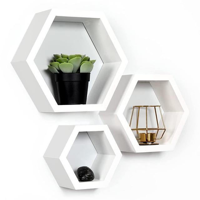 Set of 3 Pine Wood Hexagon Shelves for Wall Decor - Farmhouse Honeycomb Shelves for Living Room Decor, Kitchen Storage, Wall Mount Rustic Boho Shelves
