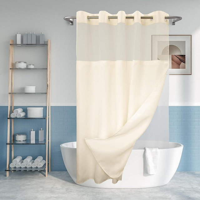 No Hook Slub Textured Shower Curtain with Snap-in PEVA Liner Set - 71" x 74"(72"), Hotel Style Cream Shower Curtain with Sheer Top Window, Water Repellent, Sand, W71xH72
