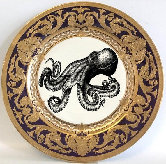 Purple and Gold Octopus Plate (10.5" or 7.5") or Teacup/Saucer Set (8 oz), Durable and Foodsafe