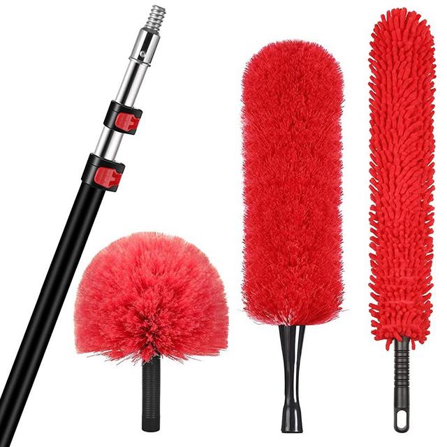 HIWARE Cobweb Duster, Microfiber Feather Duster and Ceiling Fan Duster Cleaner Brush Kit with Extension Pole 12 Feet(20 Feet High Reach), 3-Stage Aluminum Telescopic Extension Pole