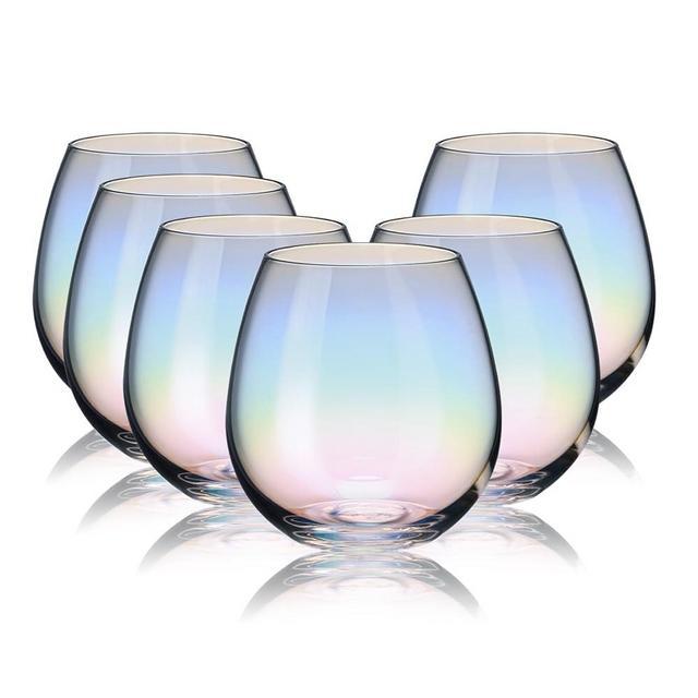 CUKBLESS Stemless Wine Glasses Set of 6, Iridescent Wine Glass for Red or White Wine, 15 Ounce,for Birthdays,weddings,Anniversaries