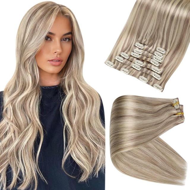 Full Shine Hair Extensions Real Human Hair Clip ins Blonde Hair Extensions Highlight Seamless Clip in Human Hair Extension PU Skin Weft Add Volume 18 Inch 8 PCS 120 Grams