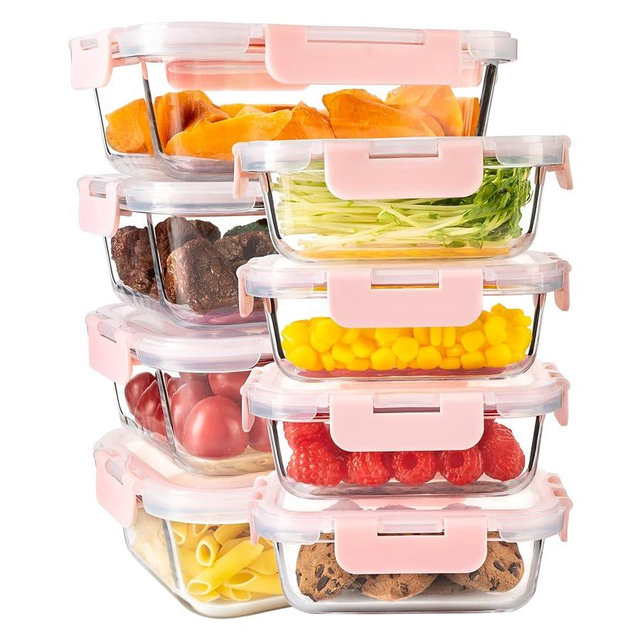YARYOUNG 16PCS (8 Bowls + 8 Lids) High Borosilicate Glass Meal Prep Containers, Food Storage Containers with Airtight Lids, Glass Lunch Bento Boxes,Dishwasher Safe, pink