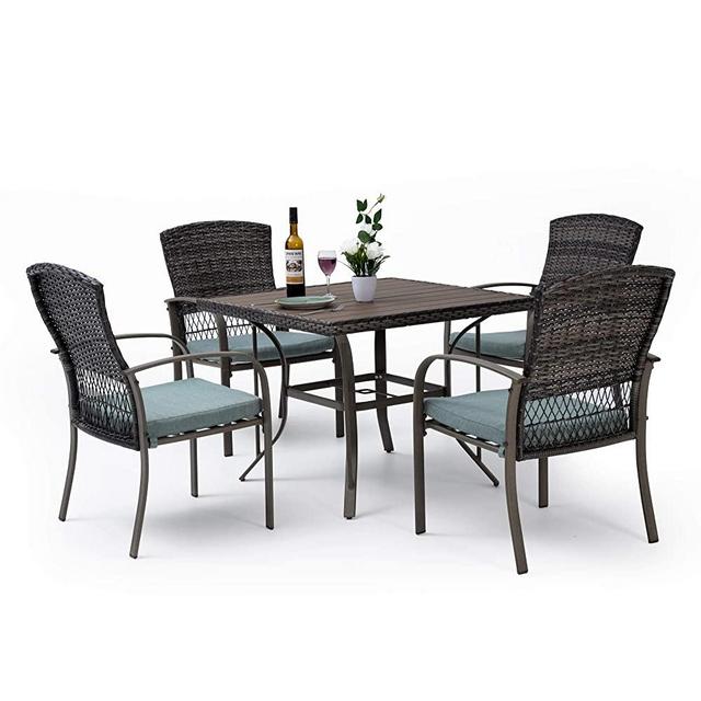 Pamapic 5 Piece Patio Dining Set, Outdoor Dining Table Set, Patio Wicker Furniture Set with Square Plastic-Wood Table Top and Washable Cushions for Patio Garden Poolside(Green)