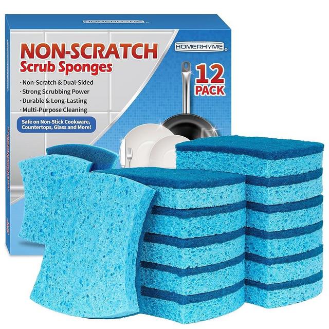 HOMERHYME Non-Scratch Cellulose Scrub Sponges 12 Pack, Kitchen Sponge with Double-Side & Ergonomic Design. Durable Sponge for Dishes, Coated Cookwares, Sink, Countertops.