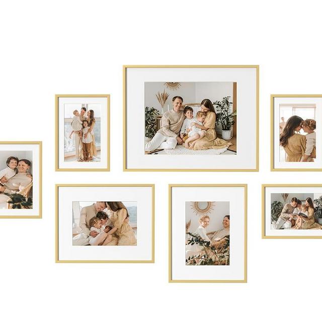 eletecpro Aluminum Gallery Wall Frame Set of 7, Including 1Pc 11x14, 2Pcs 8x10, 4Pcs 5x7 Photo Frames for Wall or Tabletop Display, Multiple Sizes Picture Frames Collage Wall Decor, Gold